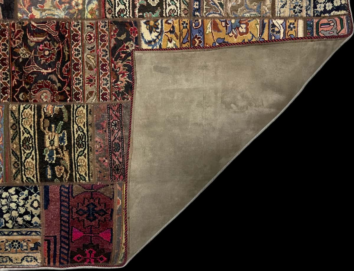 Persian rug of Patchwork style in dimensions 205 centimeters length by 150 centimeters width with mainly beige and red colors — Folded