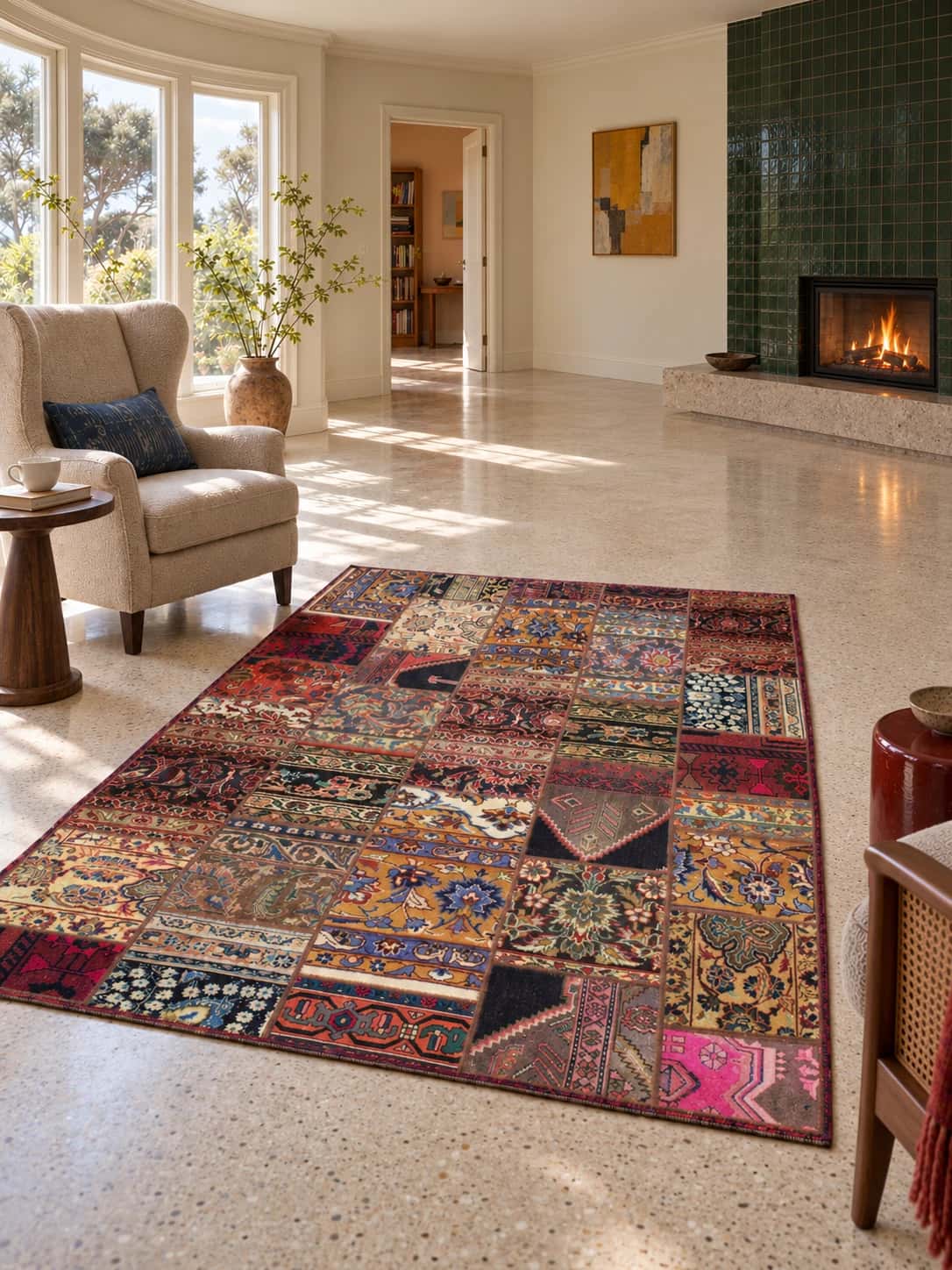 Persian Rey Patchwork Rug, 150x205 cm, mainly beige and red — In a room