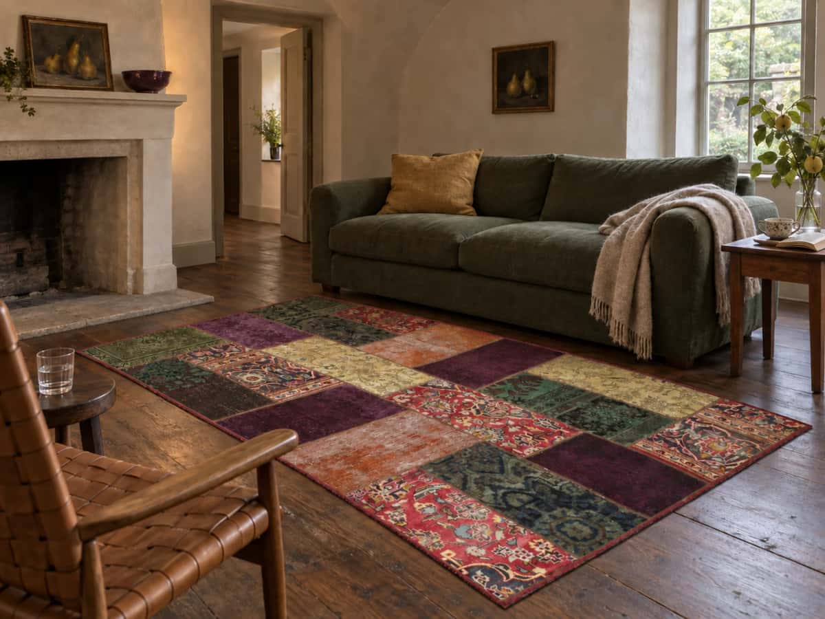Perzisch patchwork tapijt Rey, 150x211 cm, kleurrijk — In een kamer
