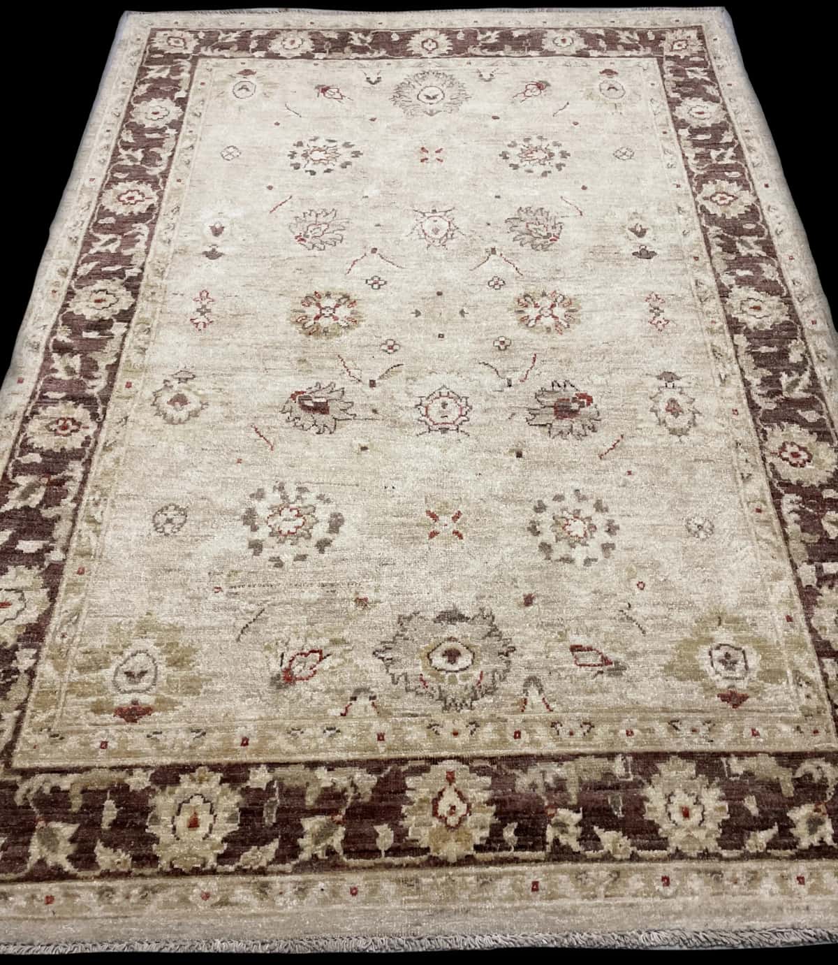 Pakistan rug in dimensions 205 centimeters length by 144 centimeters width with mainly yellow and brown colors — Perspective