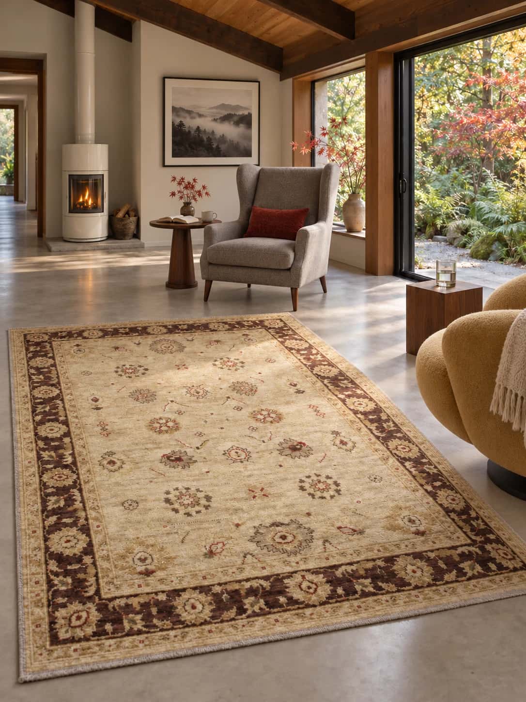Pakistani Ziegler Rug, 144x205 cm, mainly yellow and brown — In a room