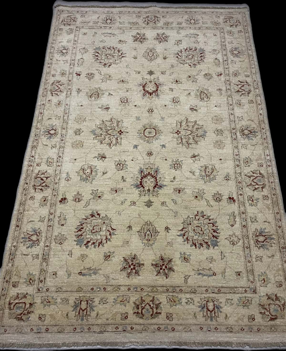 Pakistan rug in dimensions 216 centimeters length by 137 centimeters width with mainly yellow colors — Perspective