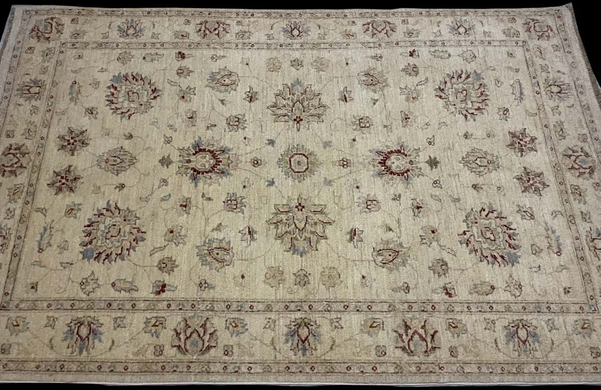 Pakistan rug in dimensions 216 centimeters length by 137 centimeters width with mainly yellow colors — Perspective