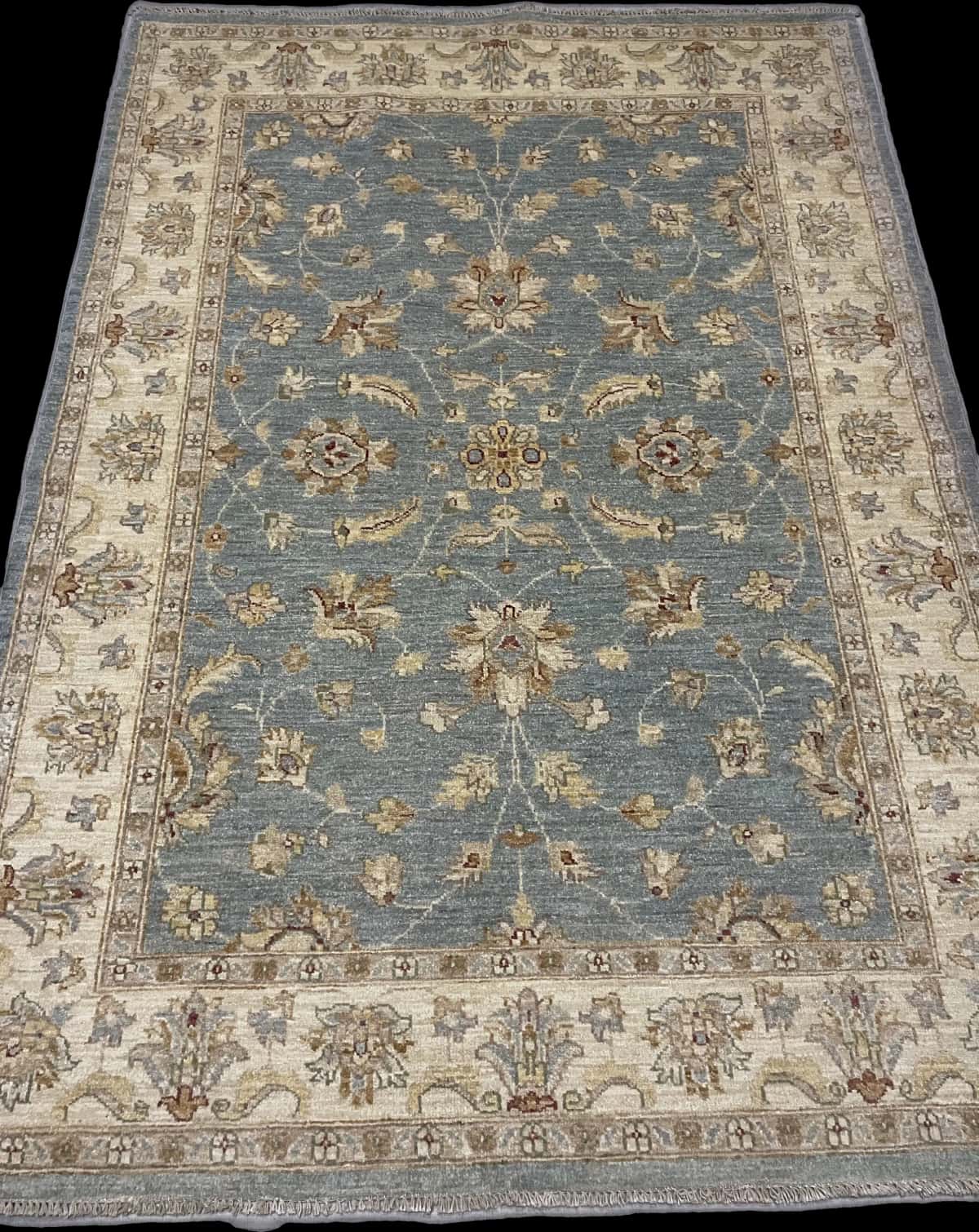 Pakistan rug in dimensions 201 centimeters length by 144 centimeters width with mainly blue and yellow colors — Perspective