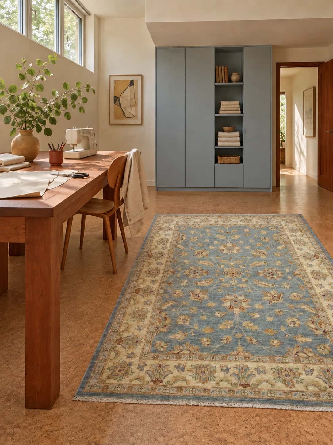 Pakistani Ziegler Rug, 144x201 cm, mainly blue and yellow — In a room