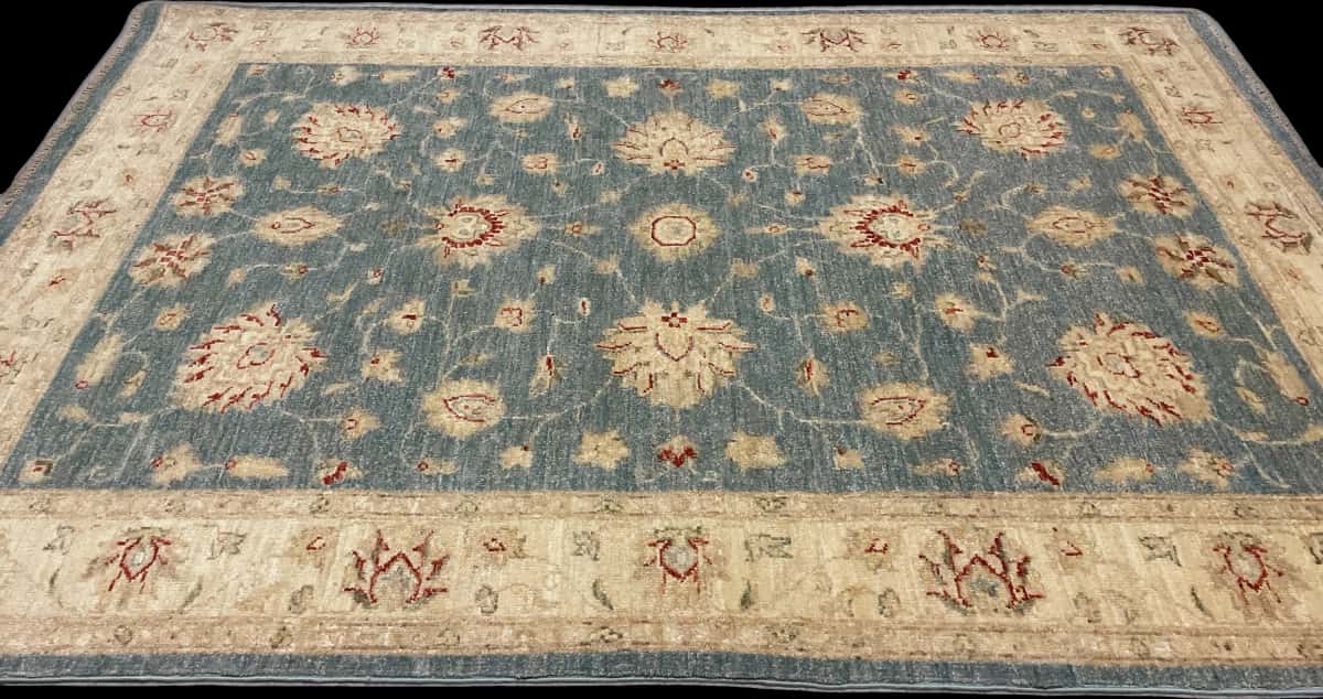 Pakistan rug in dimensions 200 centimeters length by 139 centimeters width with mainly blue and yellow colors — Perspective