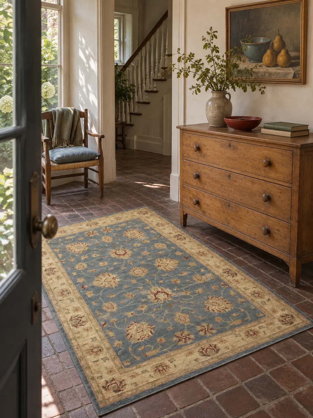 Pakistani Ziegler Rug, 139x200 cm, mainly blue and yellow — In a room