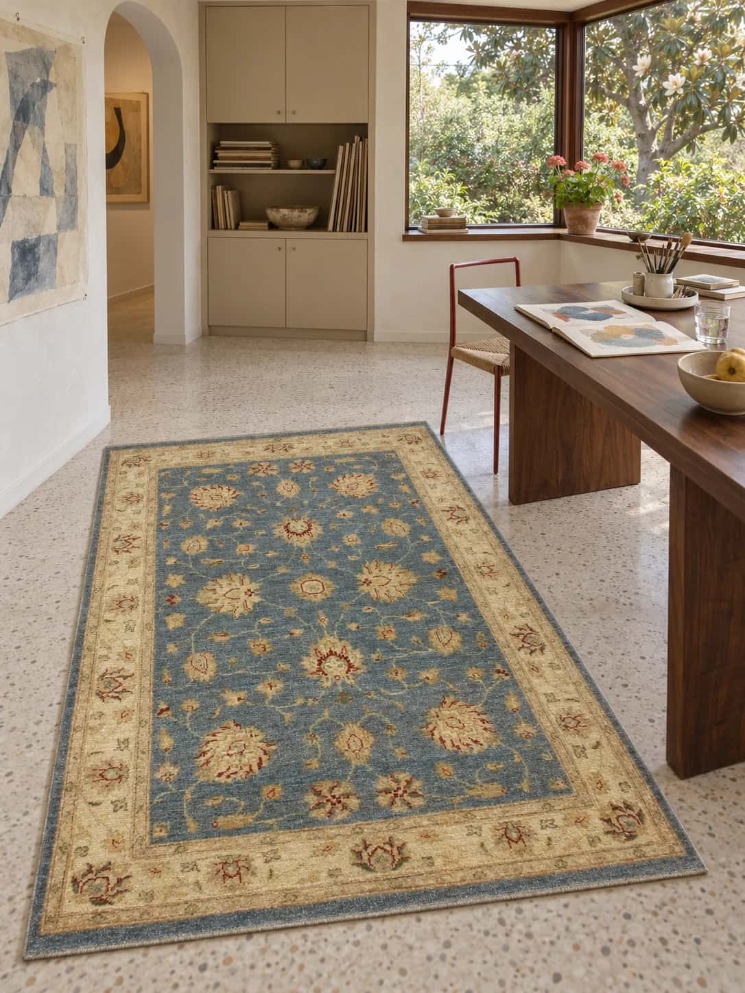 Pakistani Ziegler Rug, 139x200 cm, mainly blue and yellow — In a room