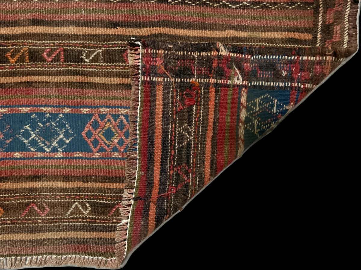 Persian rug of Sumak style in dimensions 136 centimeters length by 115 centimeters width with mainly blue and brown colors — Folded