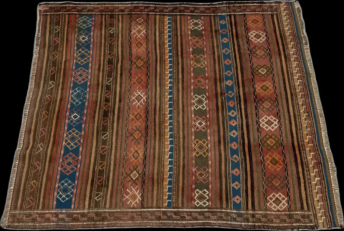 Persian rug of Sumak style in dimensions 136 centimeters length by 115 centimeters width with mainly blue and brown colors — Perspective