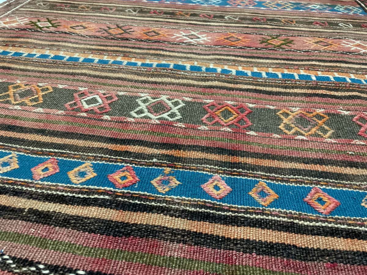 persischer Teppich im Sumak Stil in den Maßen 136 Zentimeter Länge mal 115 Zentimeter Breite mit überwiegend blau und braun Farben — Nahaufnahme der Textur