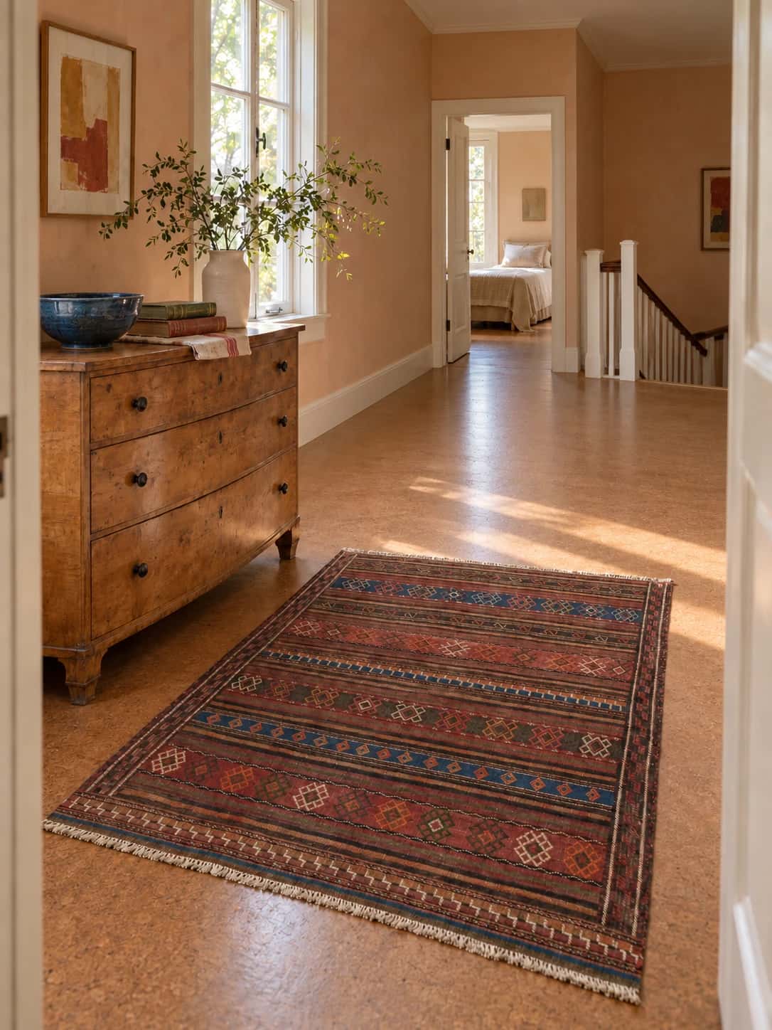 Persian Sumak Kilim rug, 115x136 cm, mainly blue and brown — In a room