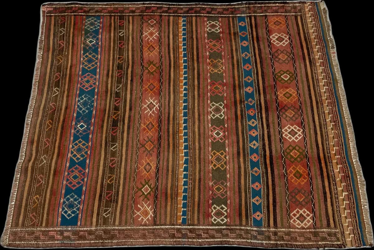 persischer Teppich im Sumak Stil in den Maßen 136 Zentimeter Länge mal 115 Zentimeter Breite mit überwiegend blau und braun Farben — Perspektive