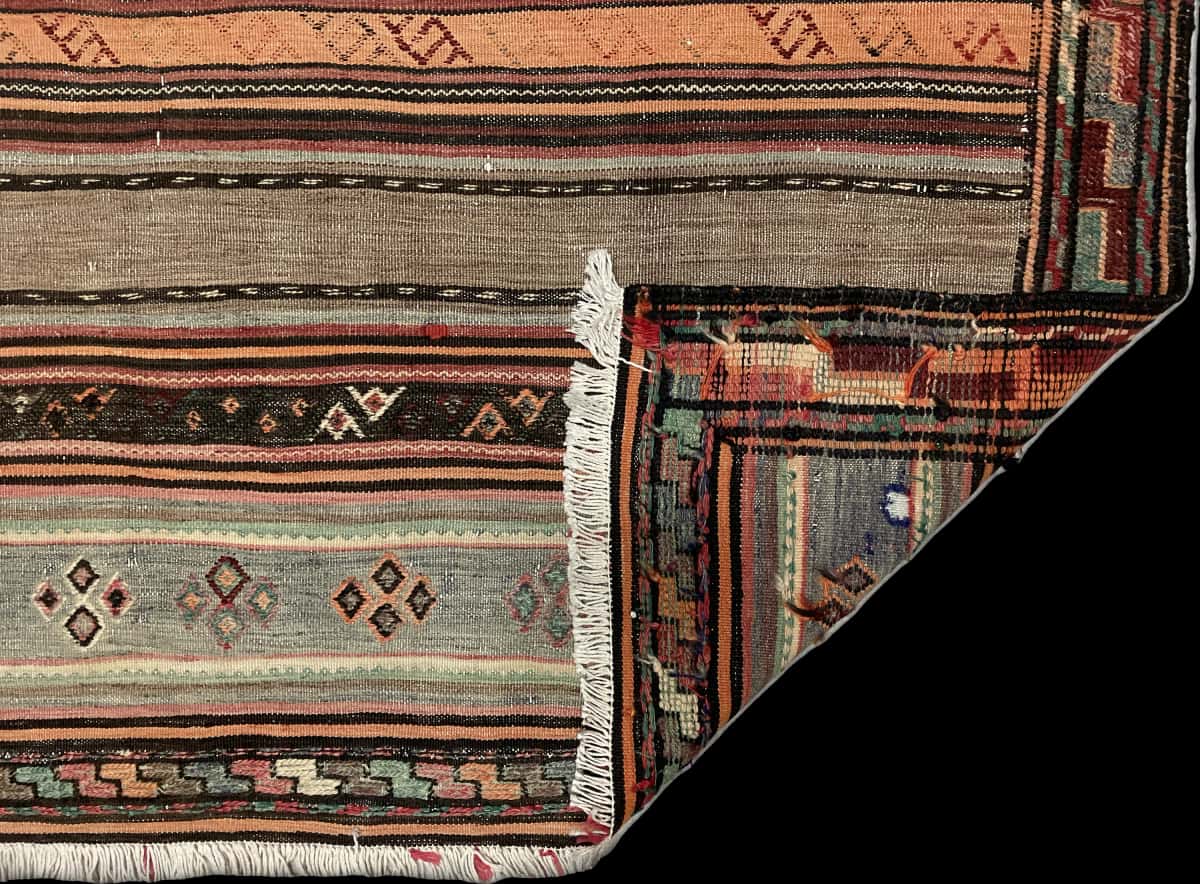 Persian rug of Sumak style in dimensions 148 centimeters length by 108 centimeters width with mainly brown and turquoise colors — Folded
