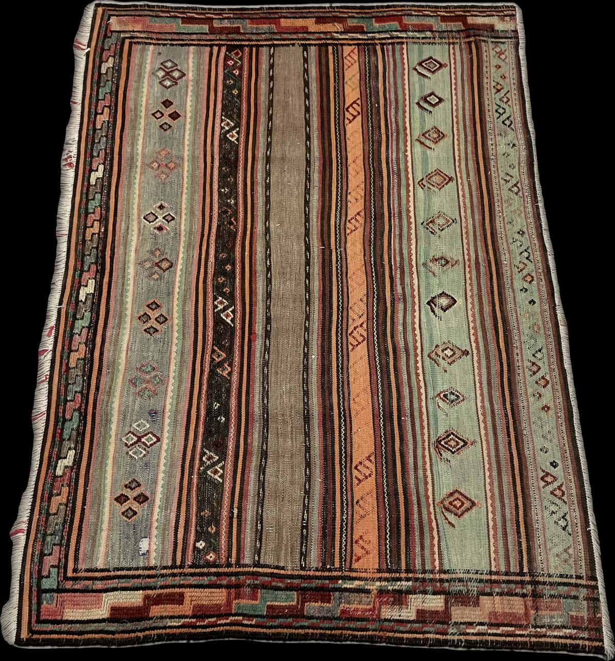 Persian rug of Sumak style in dimensions 148 centimeters length by 108 centimeters width with mainly brown and turquoise colors — Perspective