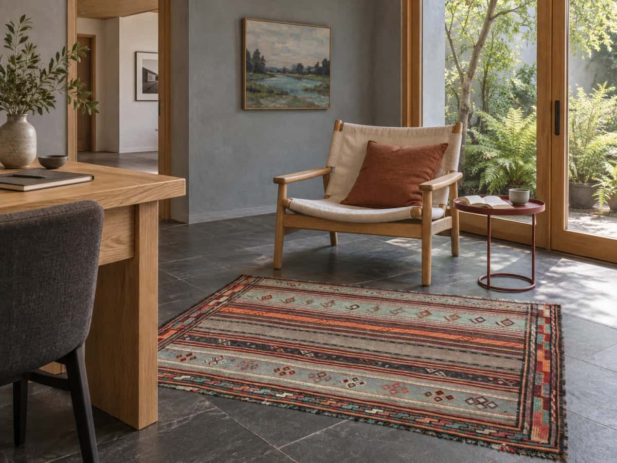 Persian Sumak Kilim rug, 108x148 cm, mainly brown and teal — In a room