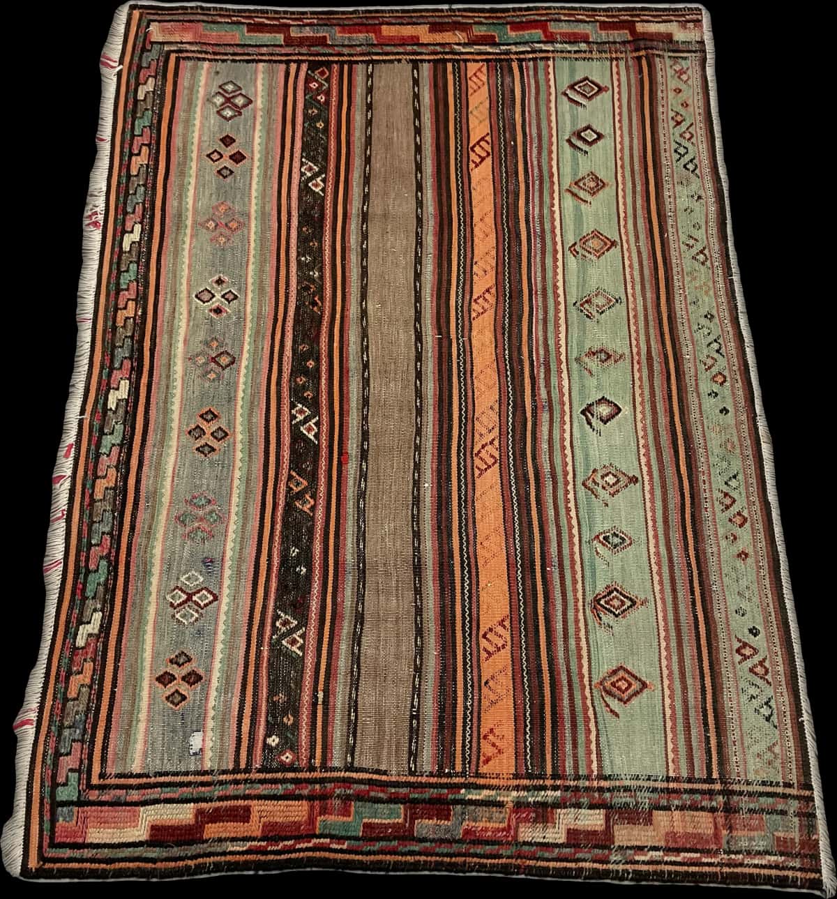 Persian rug of Sumak style in dimensions 148 centimeters length by 108 centimeters width with mainly brown and turquoise colors — Perspective
