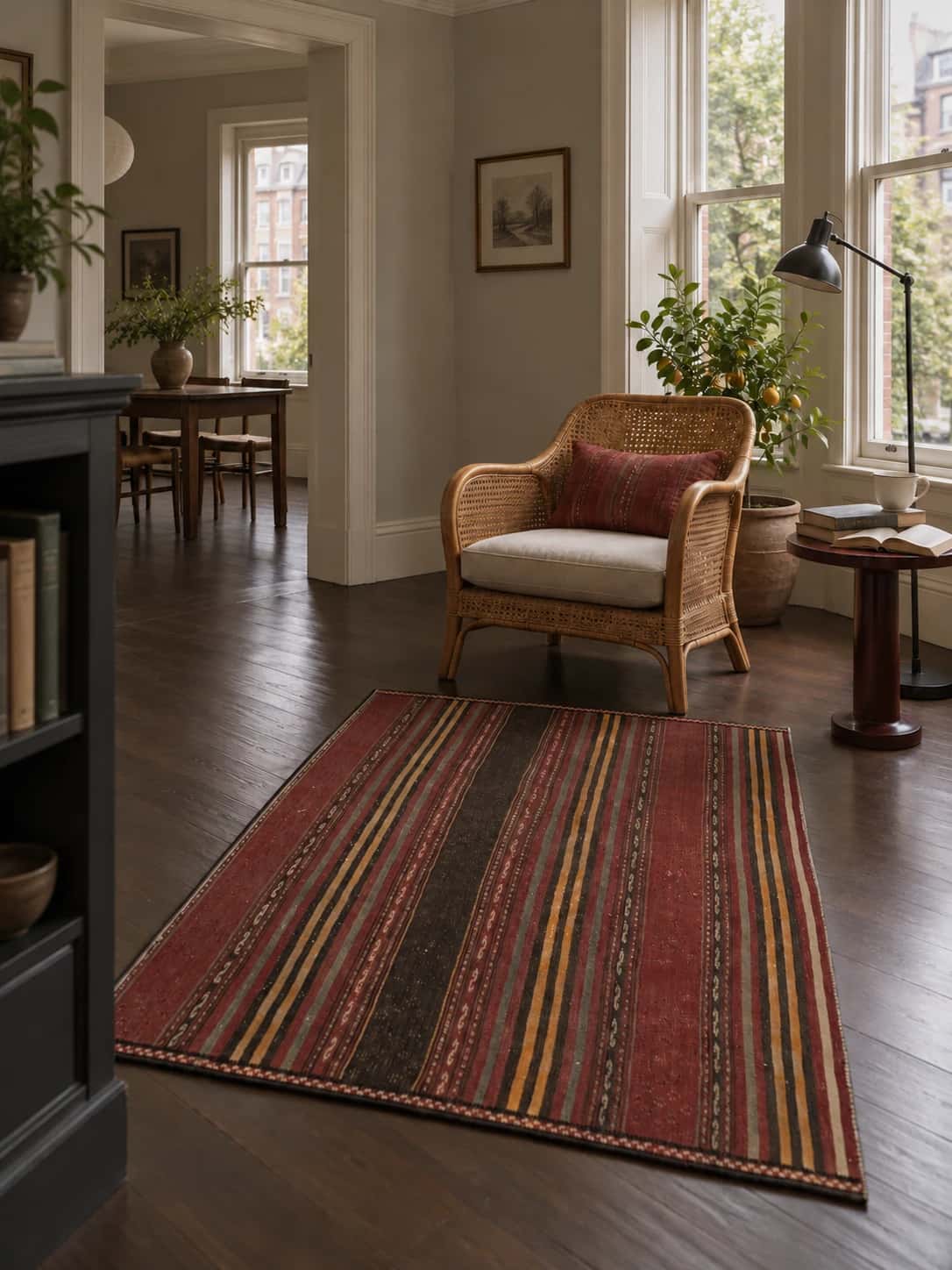 Alfombra persa kilim sumak, 113x161 cm, principalmente en rojo — En una habitación