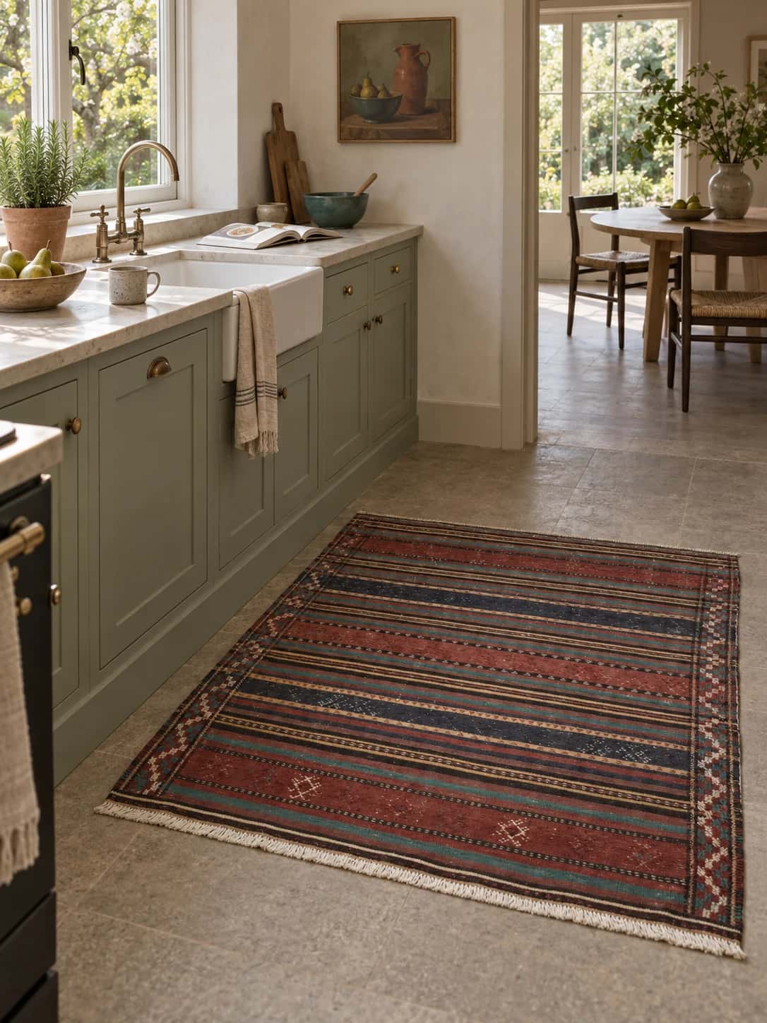 Persian Sumak Kilim rug, geometric, 138x146 cm, multicolored — In a room