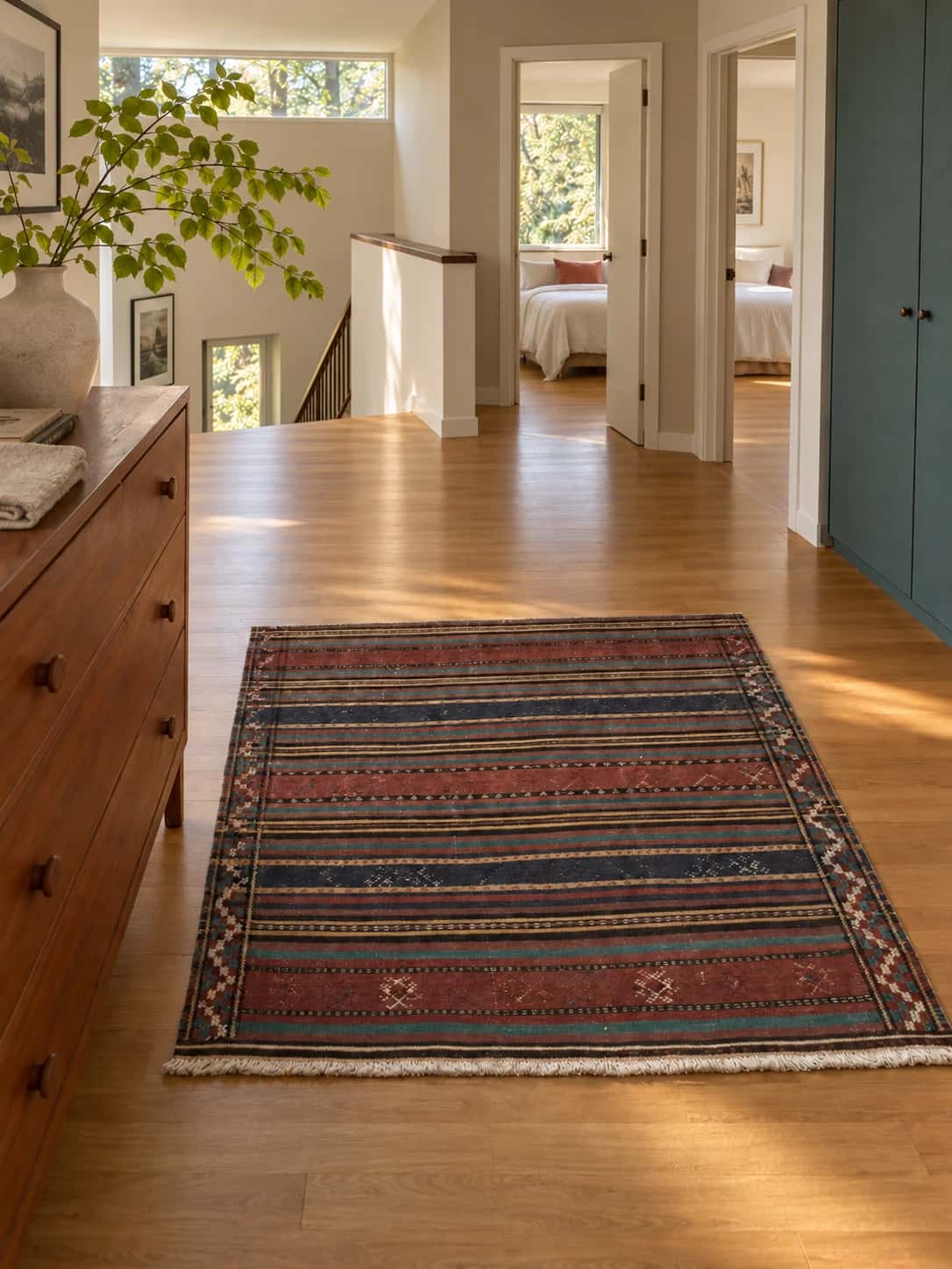 Persian Sumak Kilim rug, geometric, 138x146 cm, multicolored — In a room