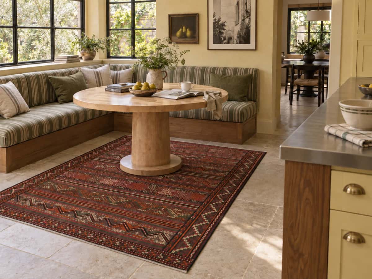 Persian Sumak Kilim rug, geometric, 145x185 cm, multicolored — In a room