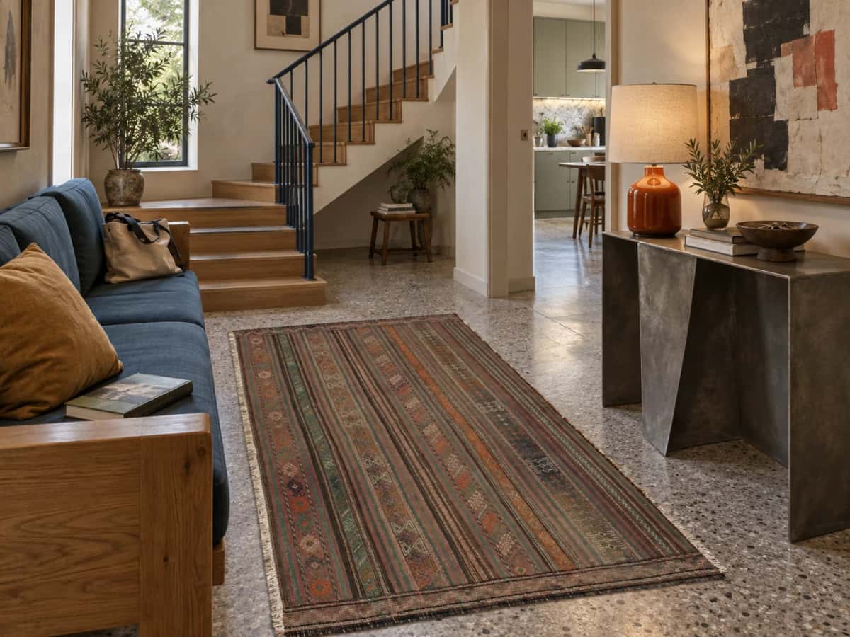 Alfombra persa kilim sumak, 116x189 cm, principalmente en marrón — En una habitación
