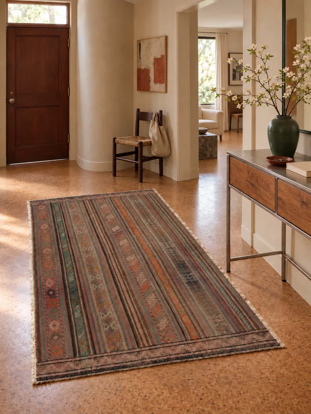 Alfombra persa kilim sumak, 116x189 cm, principalmente en marrón — En una habitación