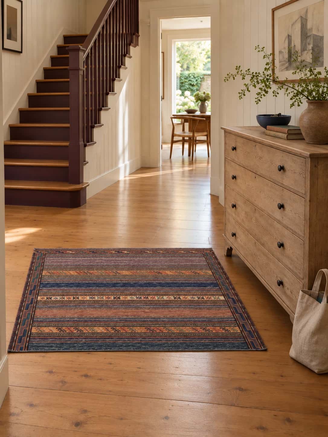 Alfombra persa kilim sumak, geométrica, 110x155 cm, de colores variados — En una habitación