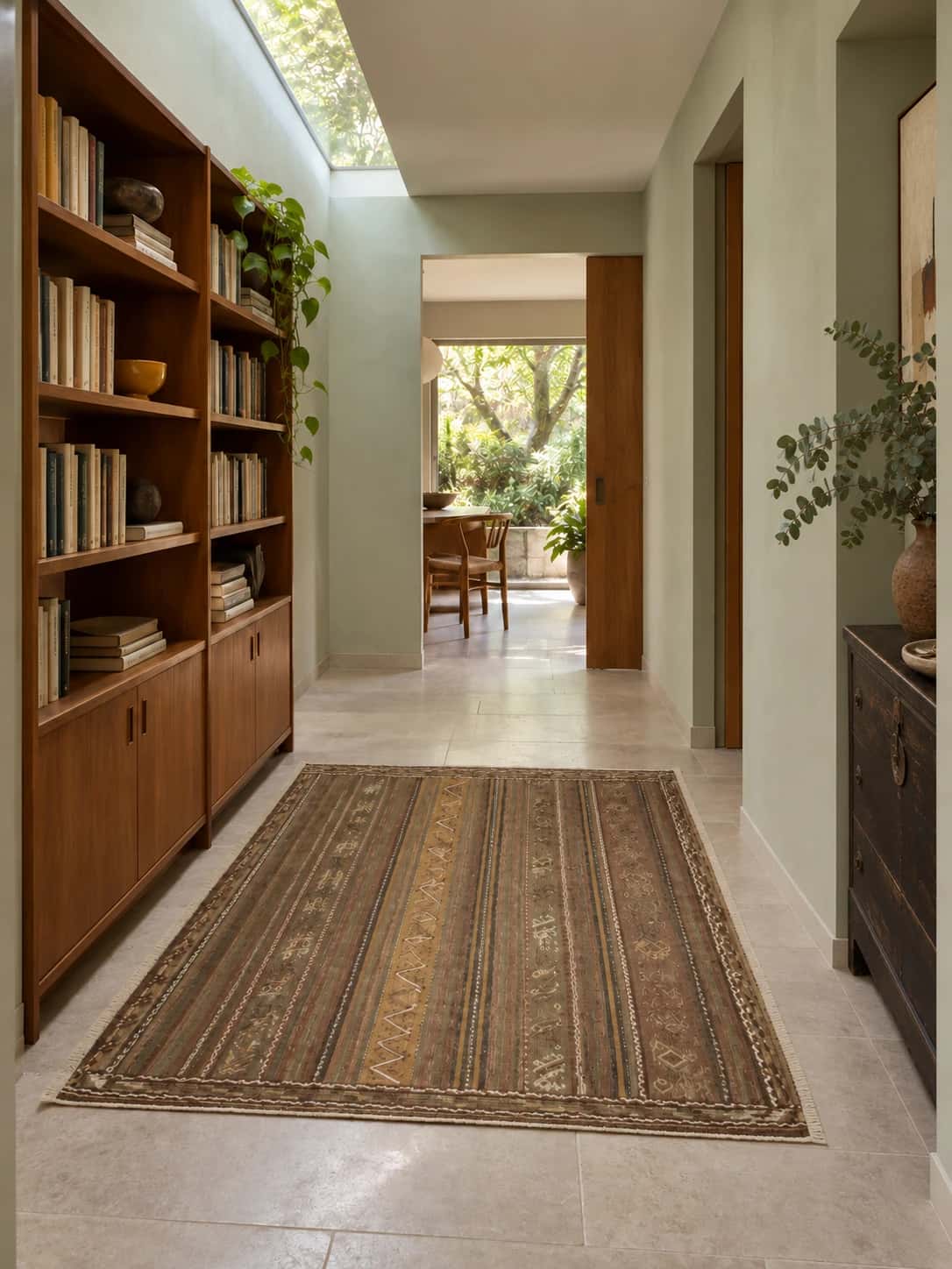 Persian Sumak Kilim rug, geometric, 132x158 cm, multicolored — In a room