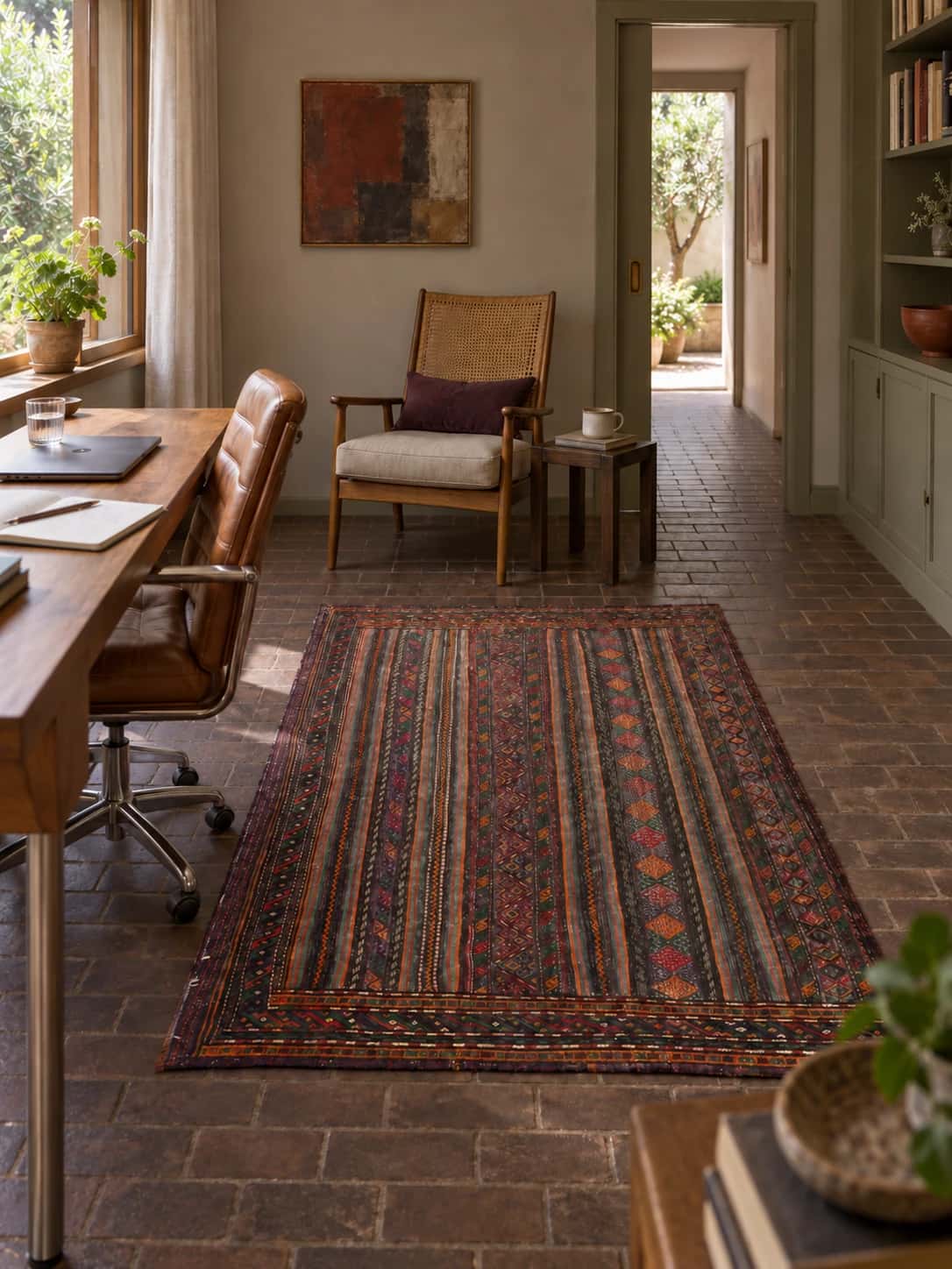 Persian Sumak Kilim rug, 113x156 cm, mainly purple and brown — In a room