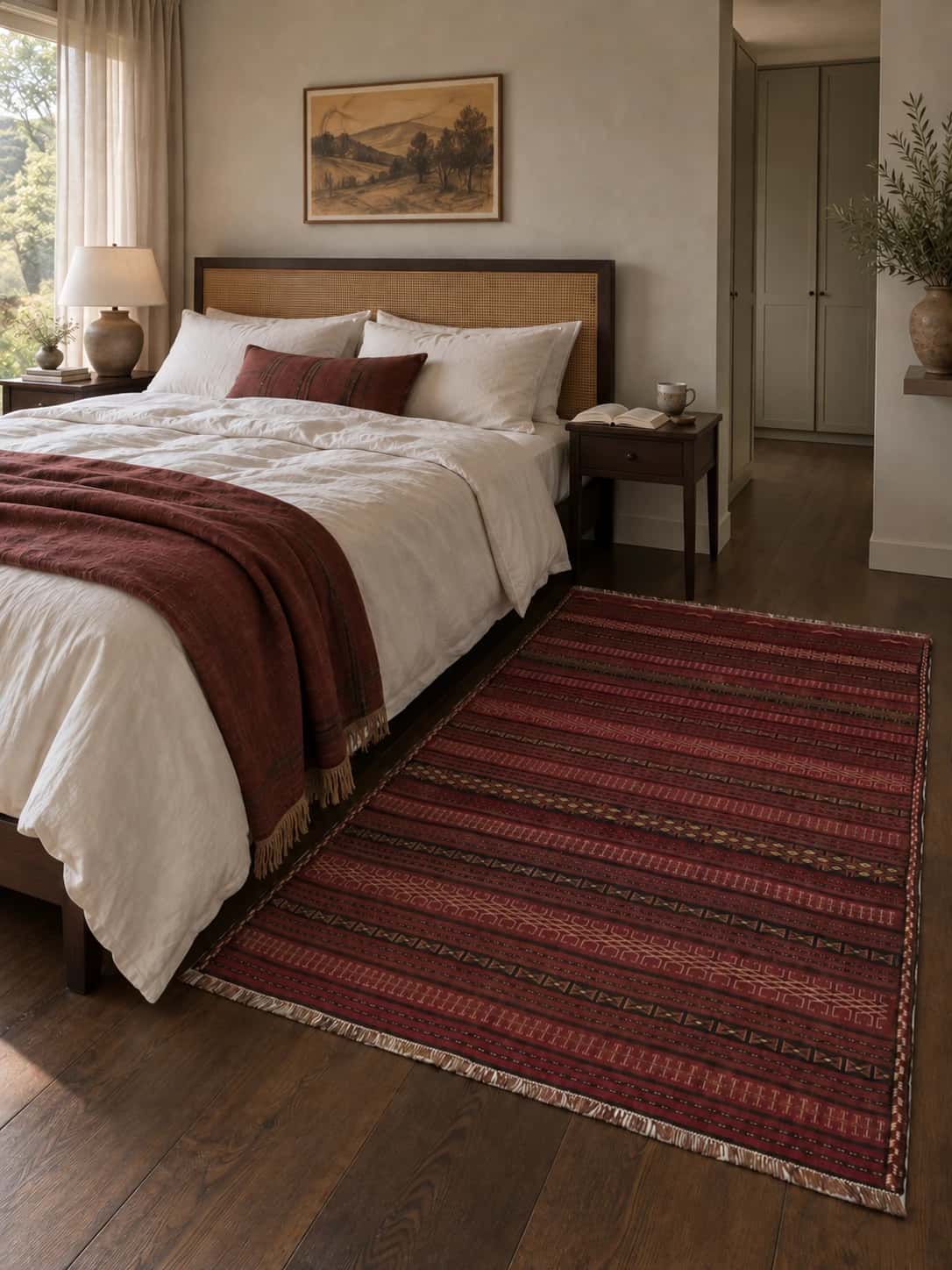 Persian Sumak Kilim rug, 145x180 cm, mainly brown — In a room