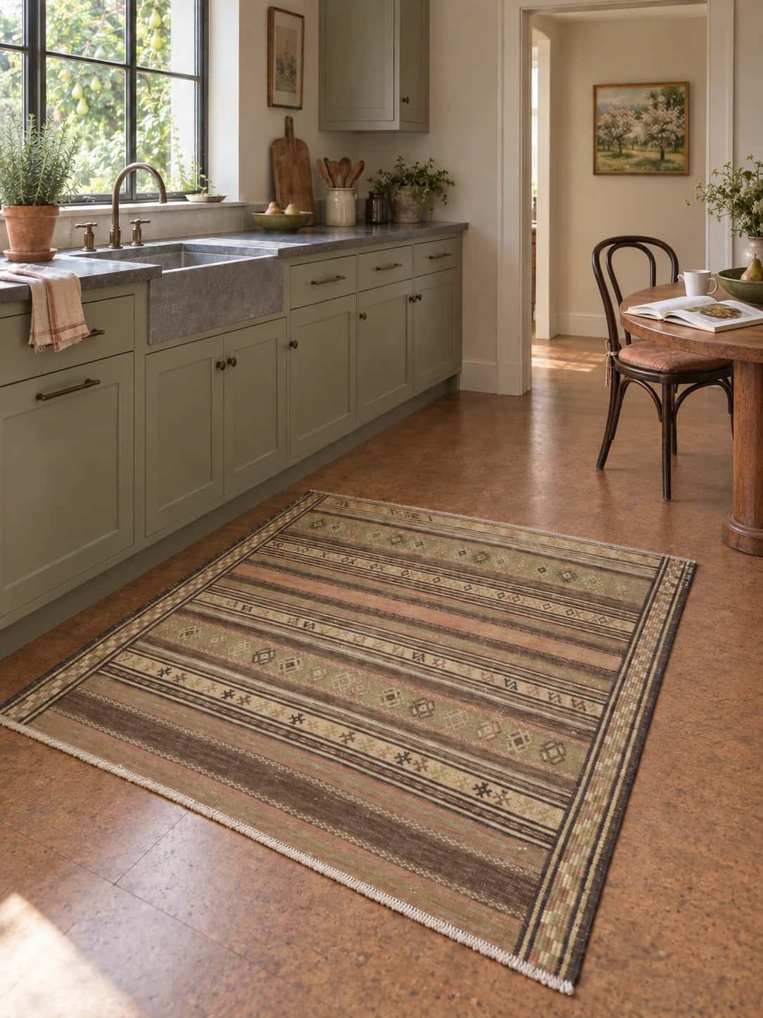 Persian Sumak Kilim rug, geometric, 140x155 cm, multicolored — In a room