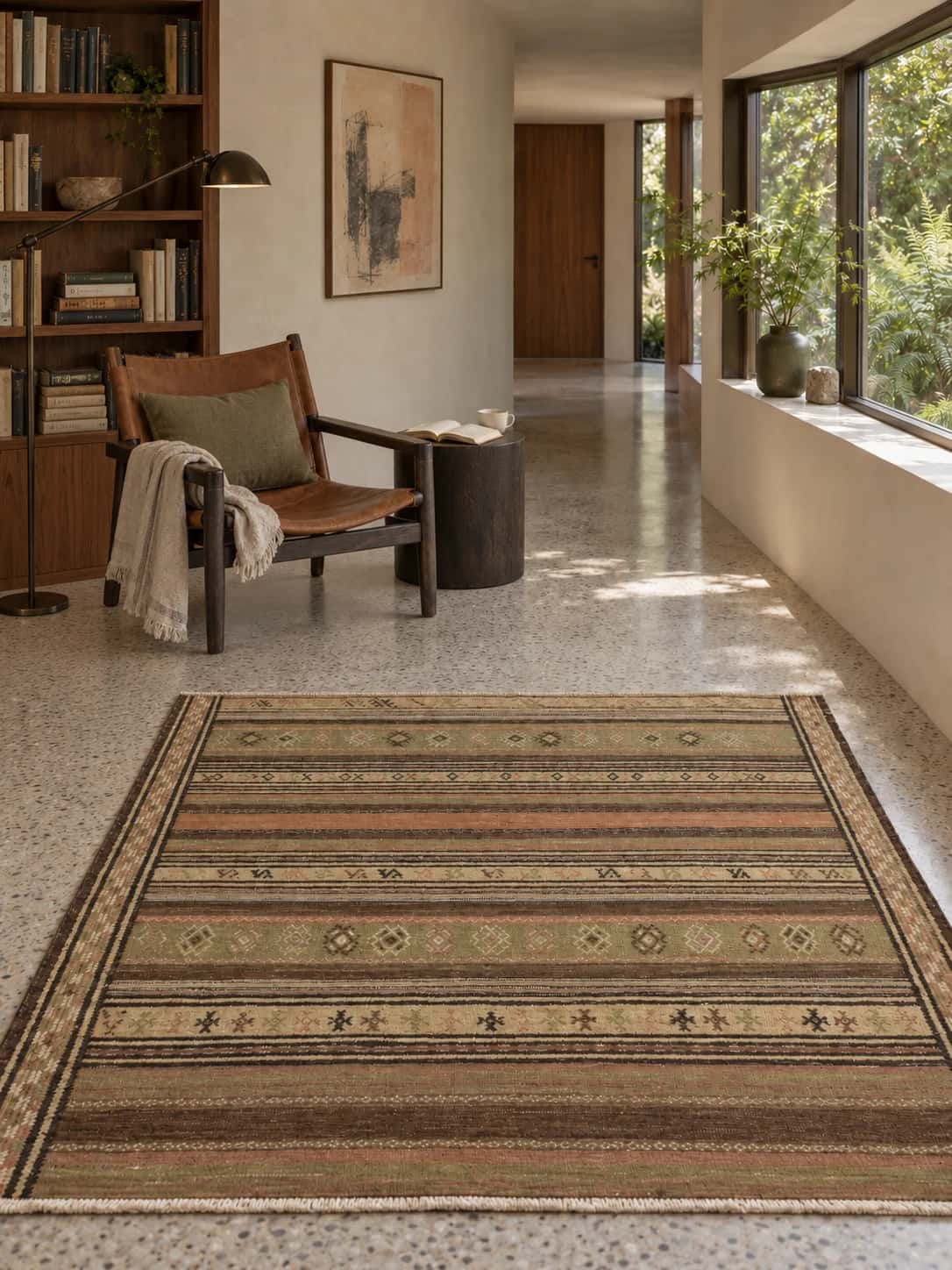 Persian Sumak Kilim rug, geometric, 140x155 cm, multicolored — In a room