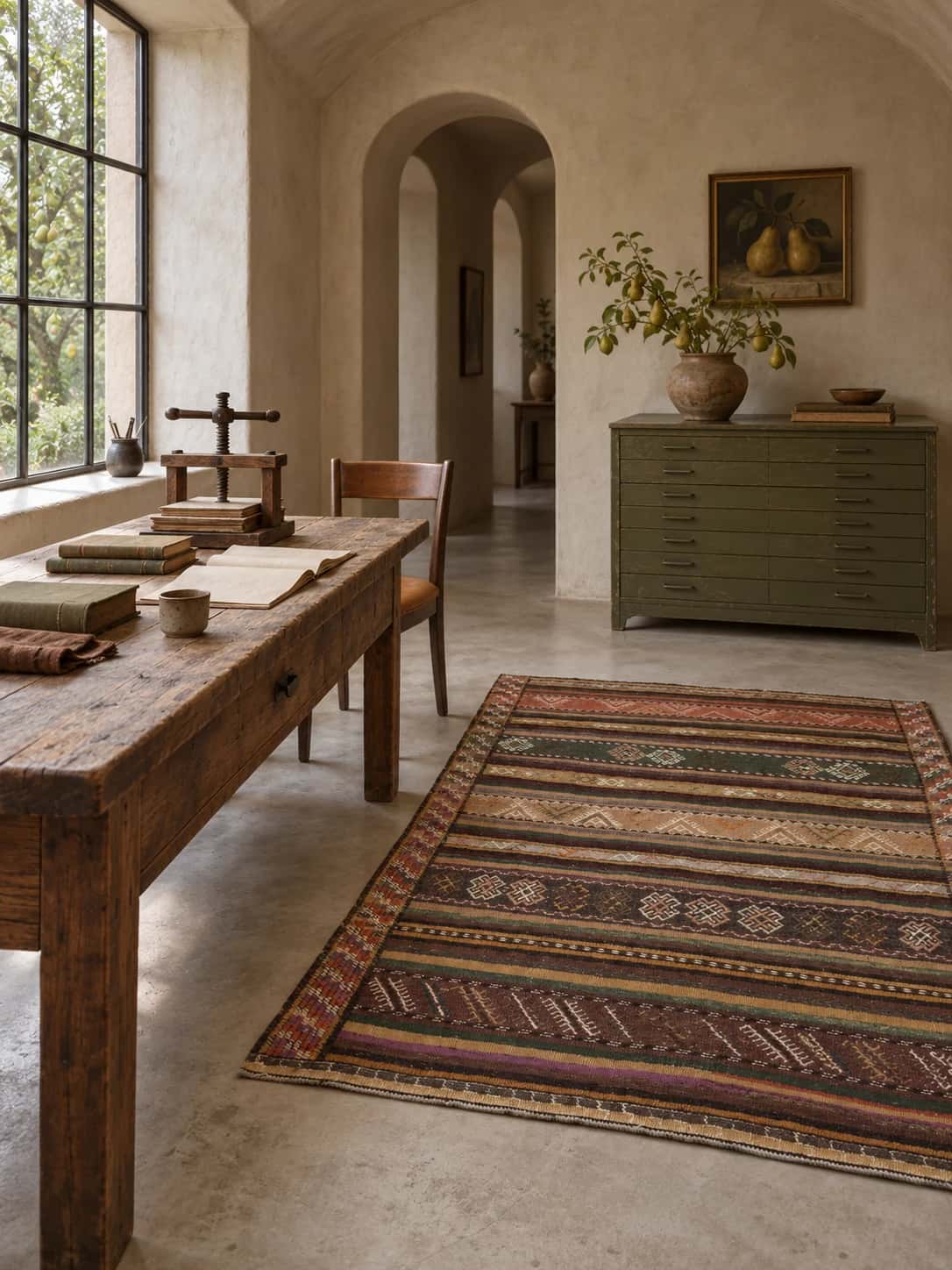 Alfombra persa kilim sumak, 156x188 cm, principalmente en marrón — En una habitación