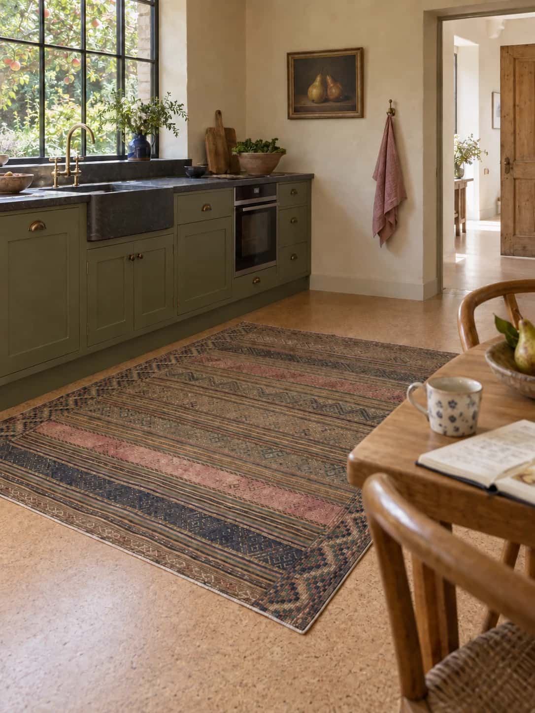 Persian Sumak Kilim rug, 160x170 cm, mainly brown — In a room