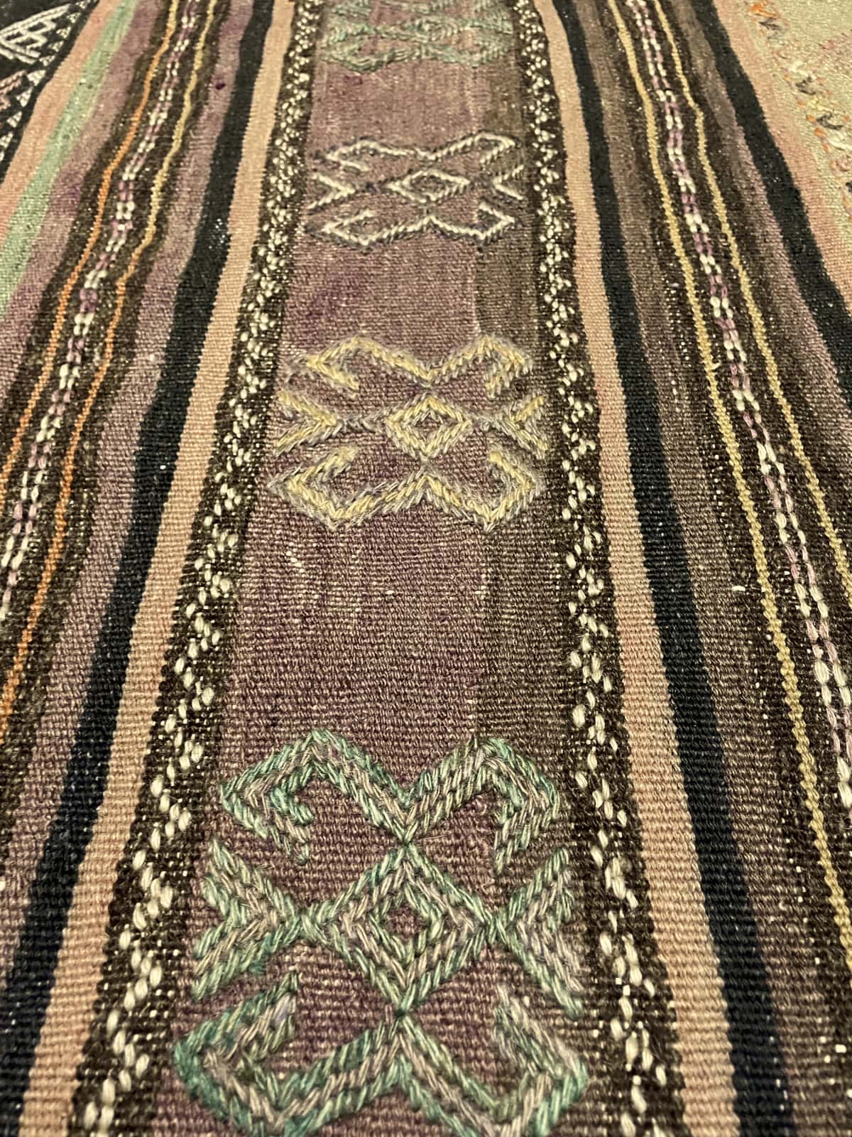 alfombra persa de estilo sumak en dimensiones 254 centímetros de largo por 145 centímetros de ancho — Primer plano de la textura