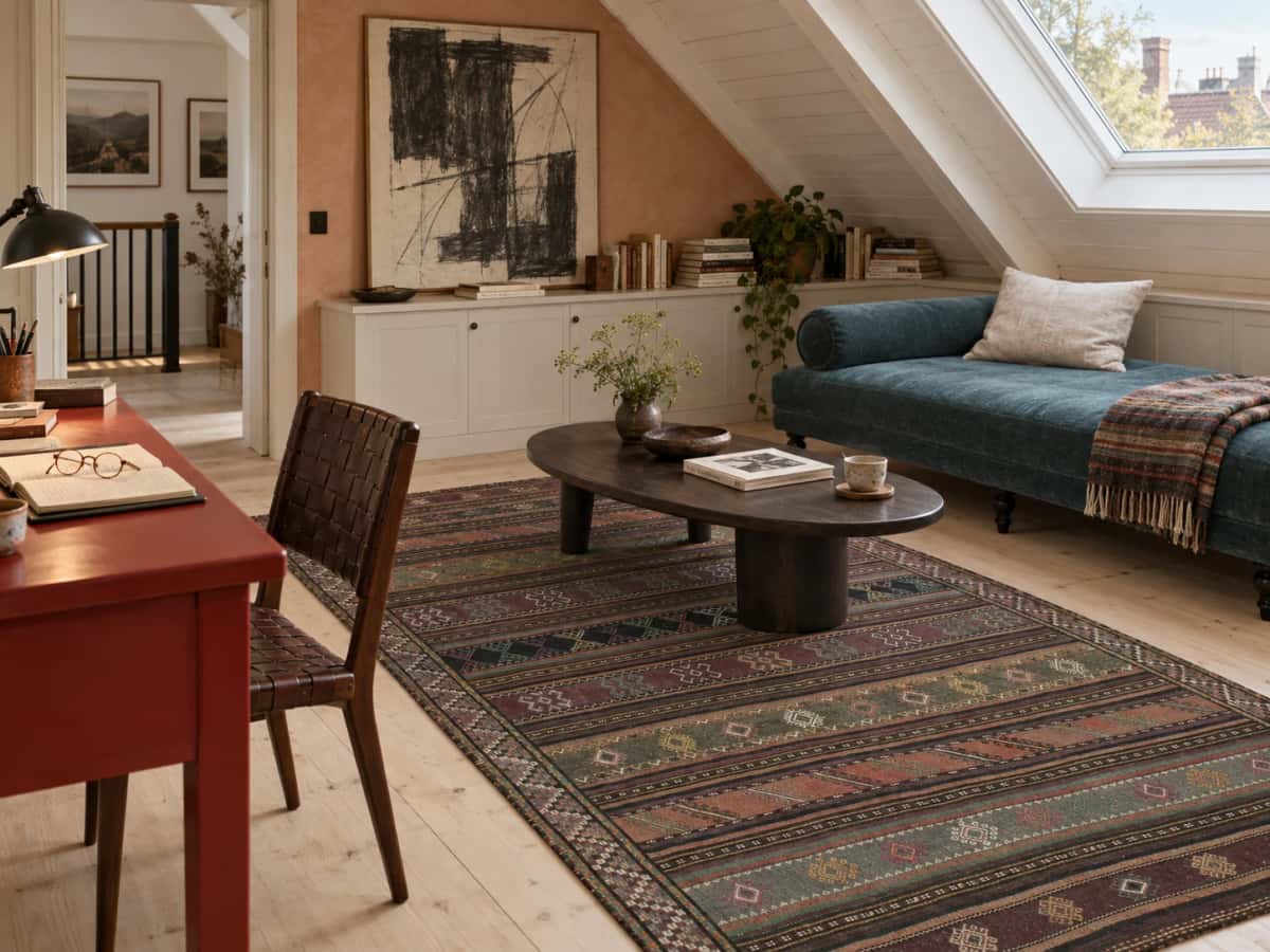 Alfombra persa kilim sumak, 145x254 cm, principalmente en morado — En una habitación