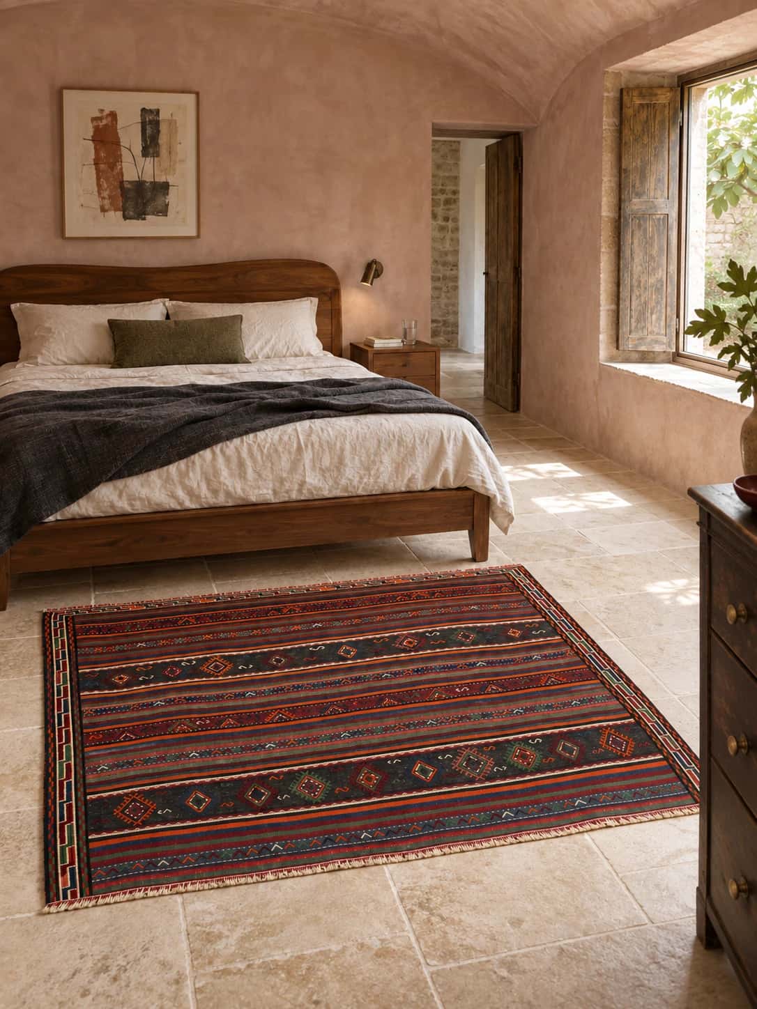 Alfombra persa kilim sumak, 156x196 cm, principalmente en marrón y rojo — En una habitación