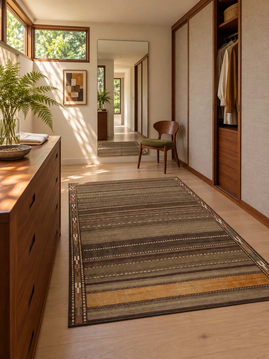 Persian Sumak Kilim rug, 145x182 cm, mainly brown — In a room