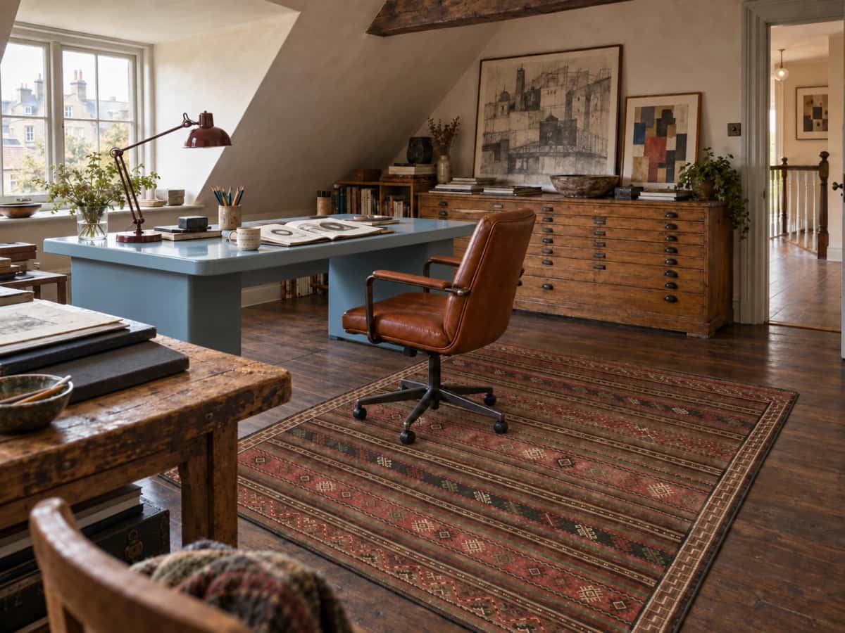 Perzisch tapijt in kelim-sumak stijl met afmetingen 200 centimeter lang bij 150 centimeter breed met overwegend rood en groen kleuren — In een kamer