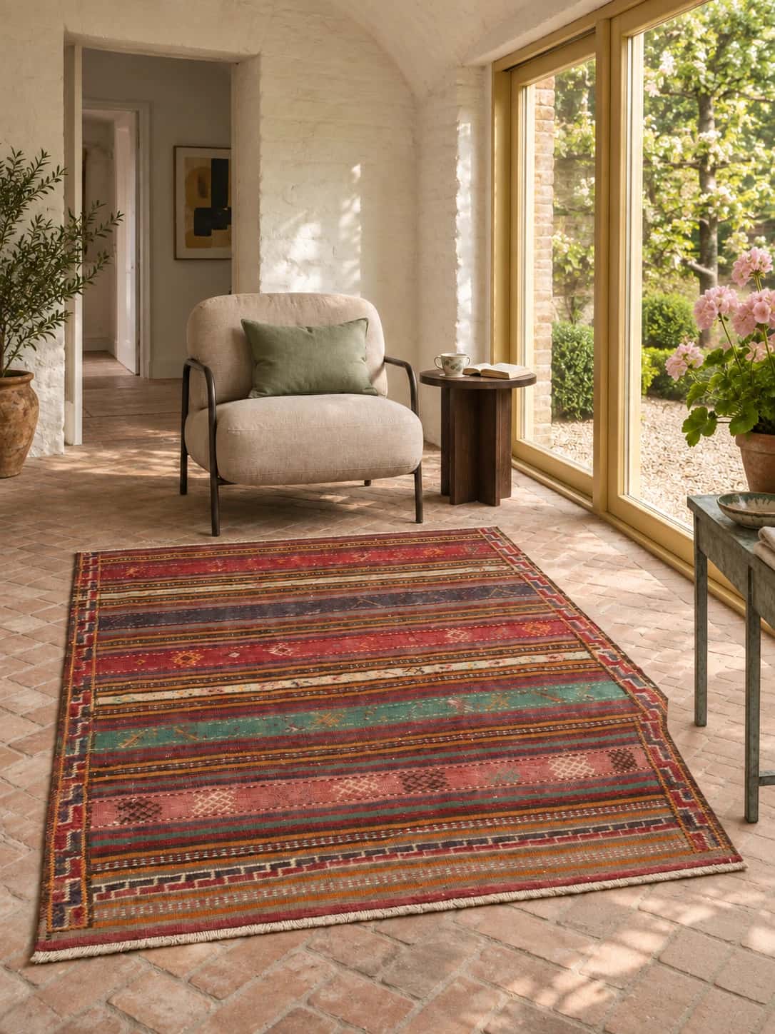 Persian Sumak Kilim rug, 151x175 cm, mainly green — In a room