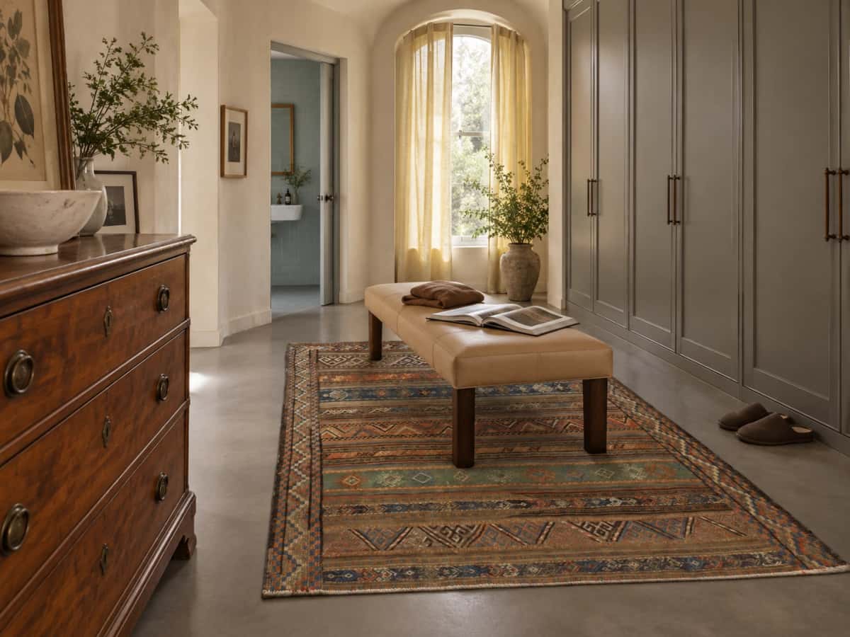 Persian Sumak Kilim rug, 148x187 cm, mainly brown — In a room