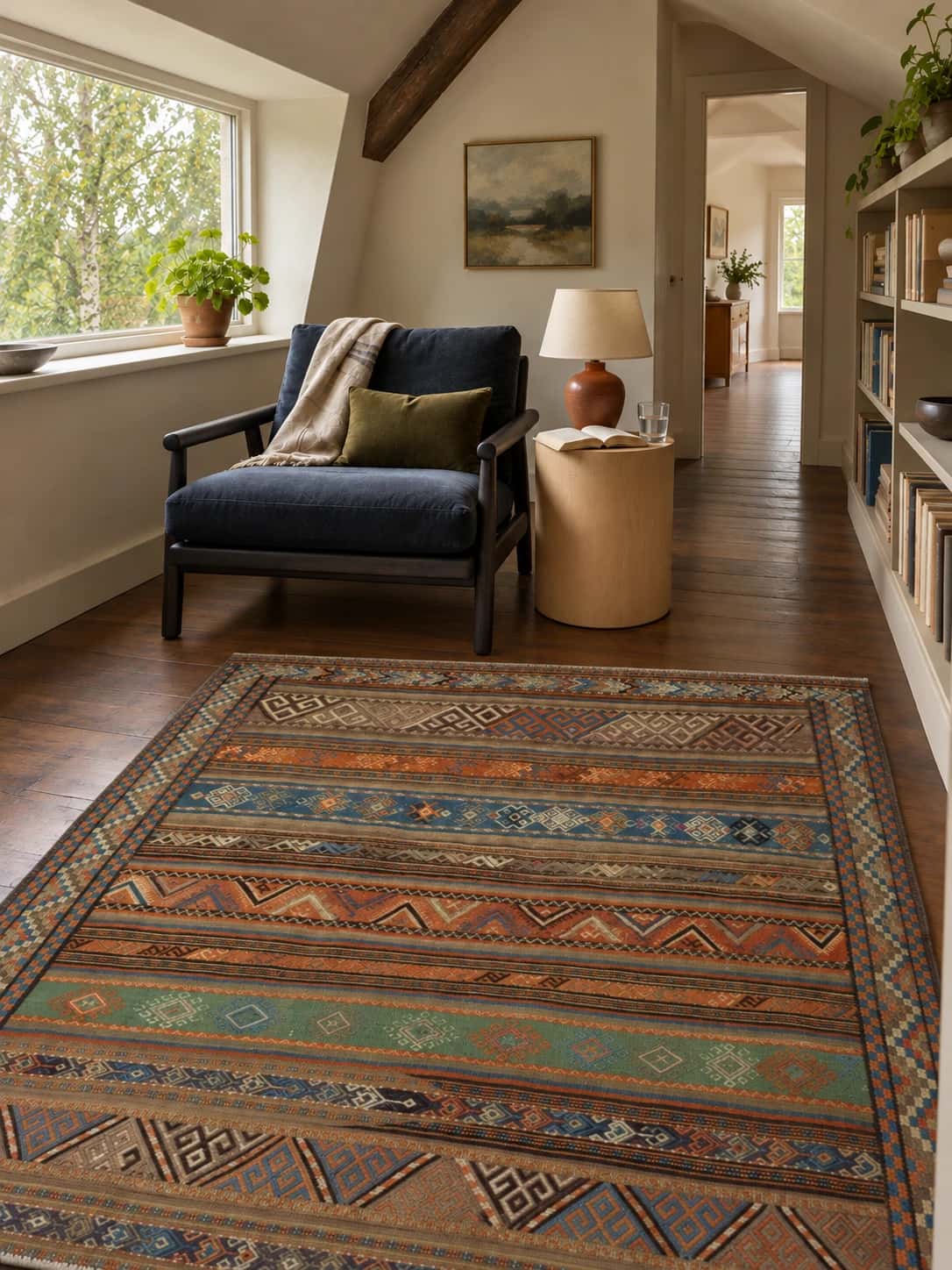 Alfombra persa kilim sumak, 148x187 cm, principalmente en marrón — En una habitación