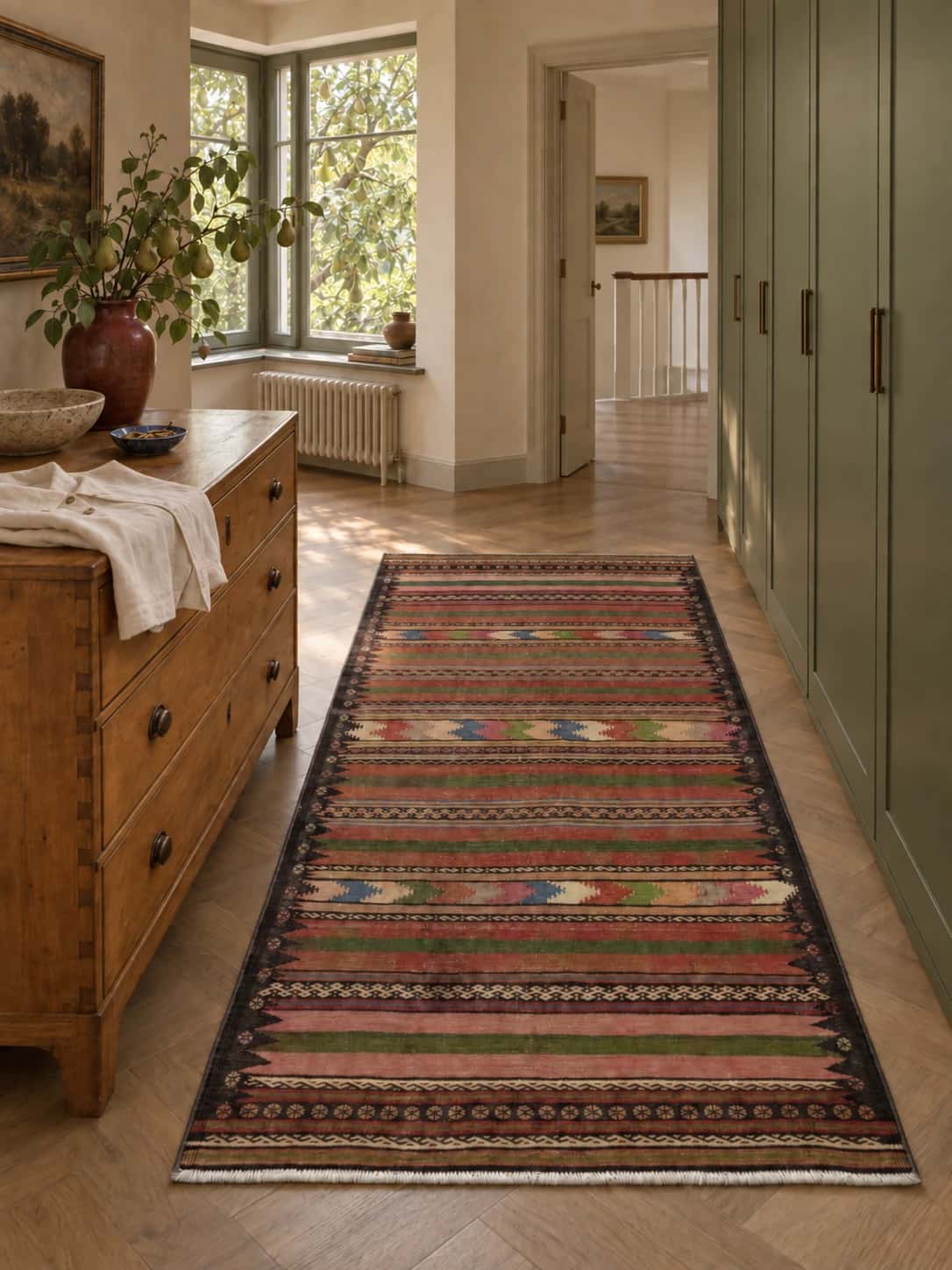 Persian rug, 113x220 cm, mainly brown — In a room