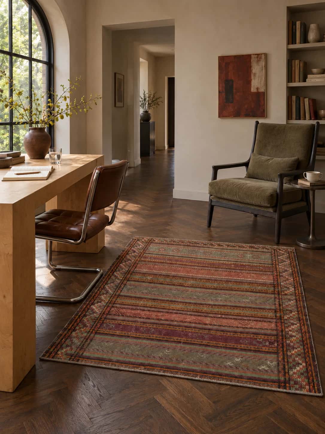 Persian Sumak Kilim rug, 142x170 cm, mainly brown — In a room