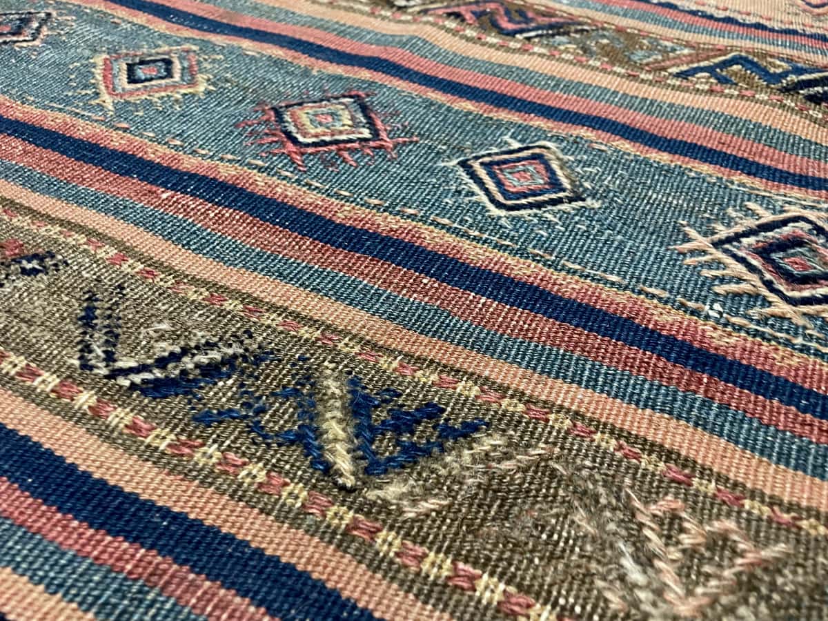 alfombra persa de estilo kilim sumak en dimensiones 245 centímetros de largo por 177 centímetros de ancho con colores principalmente azul y marrón — Primer plano de la textura