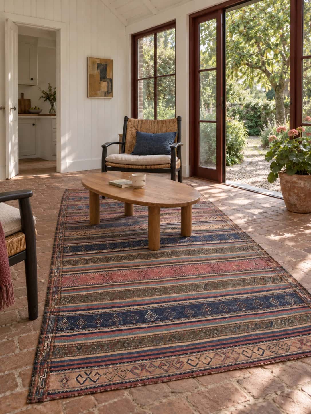 Persian Sumak Kilim rug, 177x245 cm, mainly blue and brown — In a room