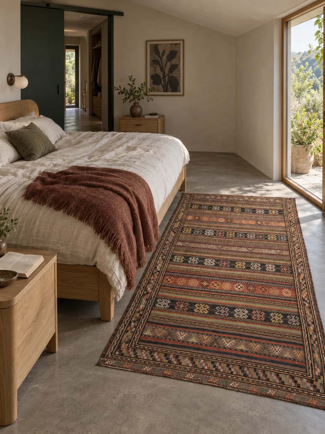 Alfombra persa kilim sumak, 151x228 cm, principalmente en marrón — En una habitación