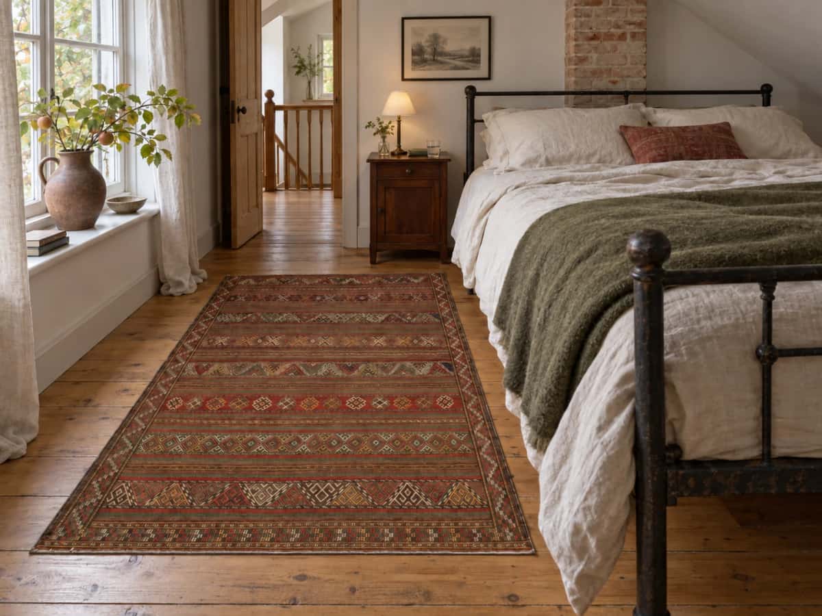 Persian Sumak Kilim rug, 140x195 cm, mainly brown — In a room