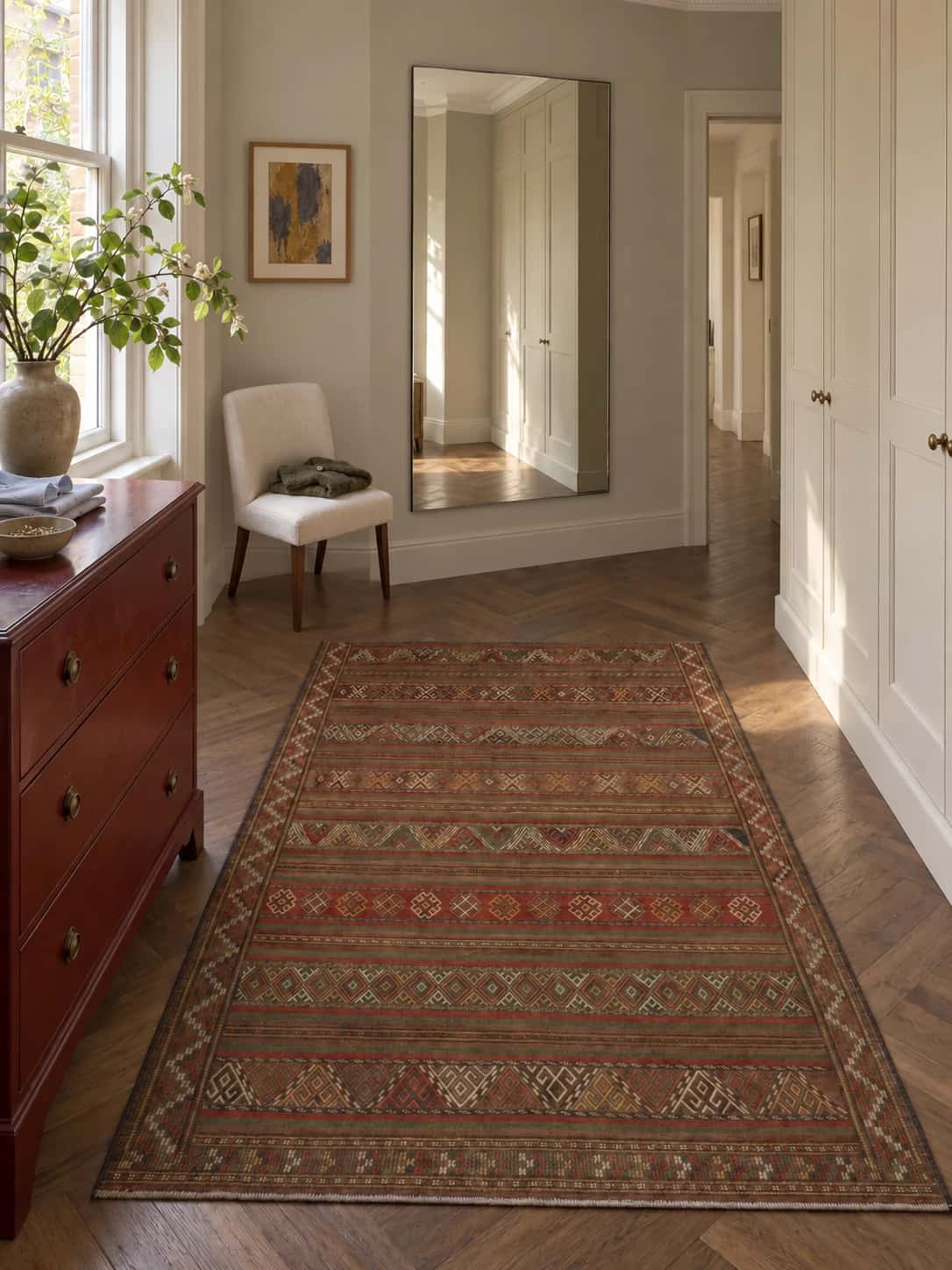 Persian Sumak Kilim rug, 140x195 cm, mainly brown — In a room
